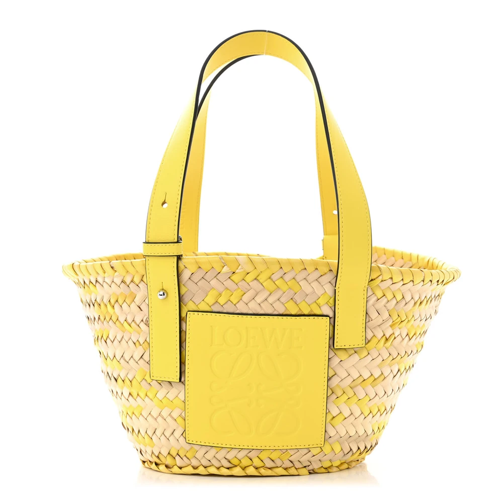Loewe NaturalYellow Raffia & Calfskin Leather Small Basket Tote Bag Front replica handbags