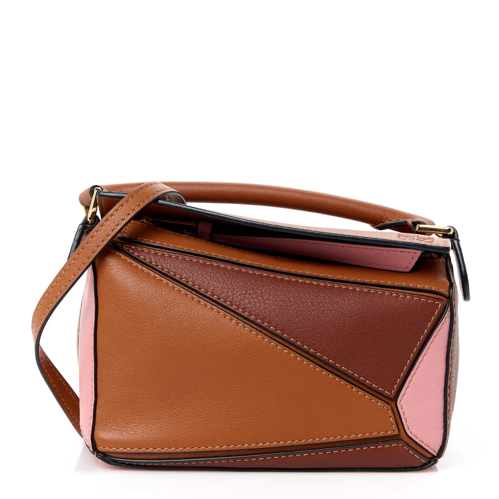 Loewe Tan Medium Pink Calfskin Leather Mini Puzzle Bag Front replica handbags