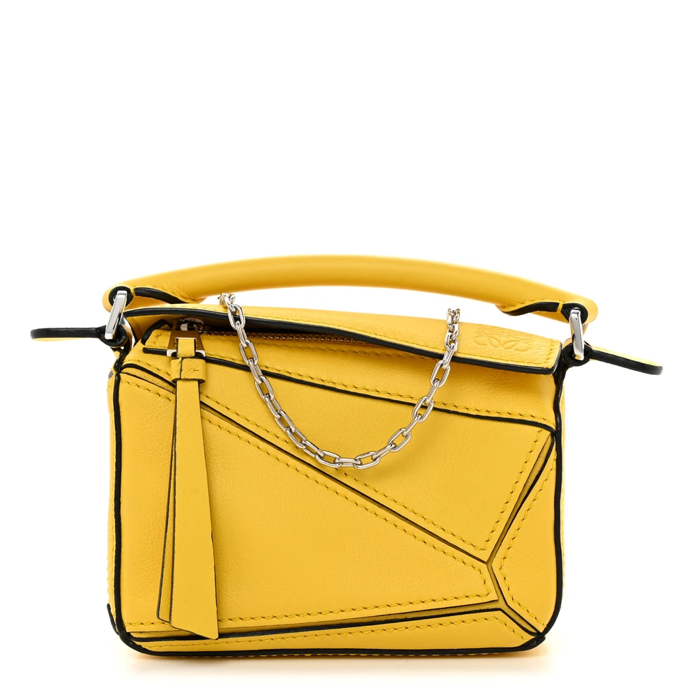 Loewe Yellow Calfskin Leather Nano Puzzle Bag Silver Hardware Front replica handbags