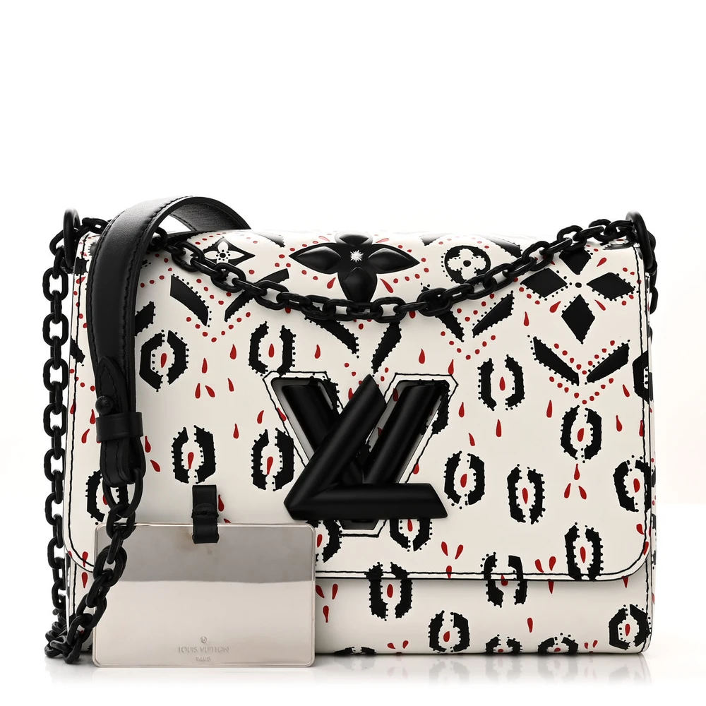 Louis Vuitton WhiteBlack Calfskin Leather Graphic Print Twist Shoulder Bag MM Black Hardware Front replica handbags