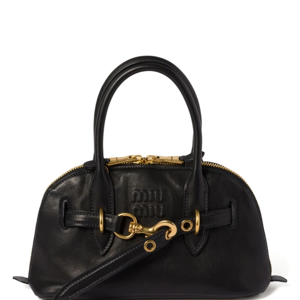 Miu Miu Black Leather Medium Aventure Shoulder Bag Gold Hardware Front replica handbags