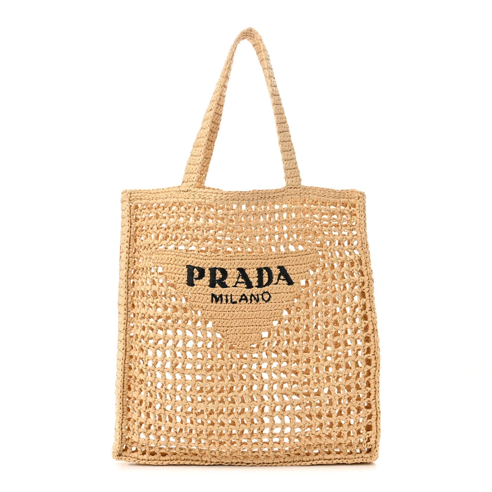 Prada Naturale Yarn Raffia Medium Effect Crochet Logo Embroidered Tote Bag Front Replica handbags