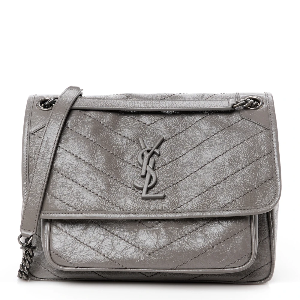 Saint Laurent Fog Crinkled Monogram Calfskin Matelasse Leather Medium Niki Chain Satchel Ruthenium Hardware Front replica handbag