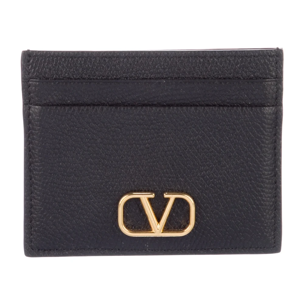 Valentino Black Calfskin Leather Small Vlogo Card Holder Gold Hardware