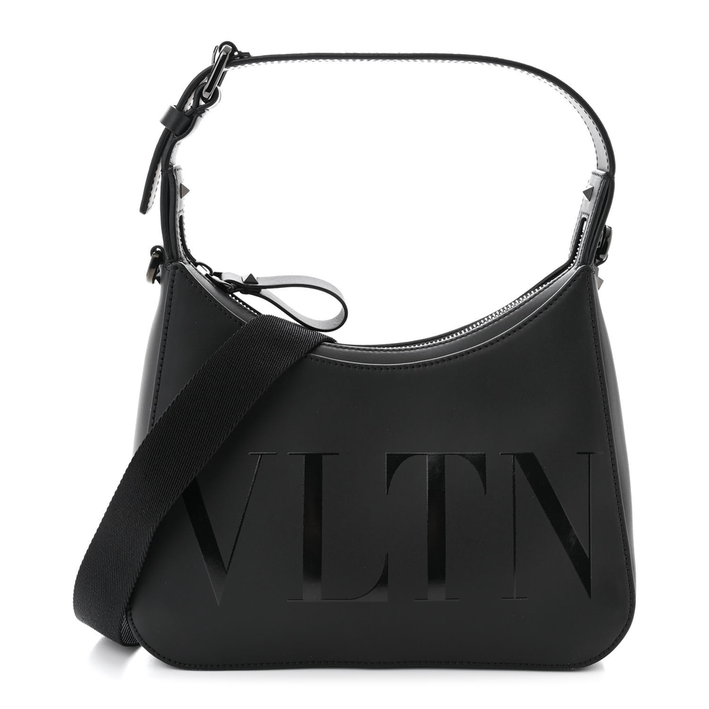 Valentino Garavani Black Calfskin Leather Medium VLTN Print Shoulder Bag Front replica handbags