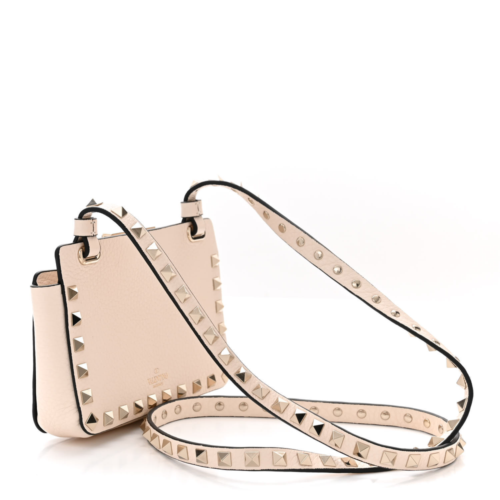Valentino Garavani Ivory Pebbled Calfskin Leather Small Rockstud Phone Case Crossbody Light Gold Hardware Luxury Reps - Image 3