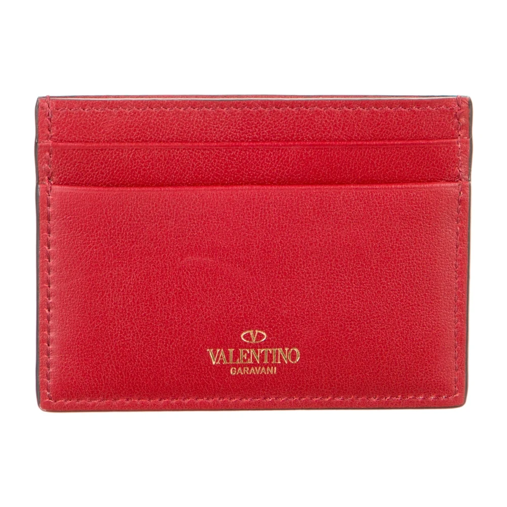 Valentino Red Calfskin Leather Small Rockstud Accents Card Holder Silver Hardware